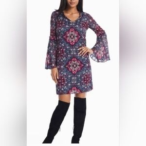 WHBM Long Bell Sleeve Medallion Printed Shift Dress Sz Medium